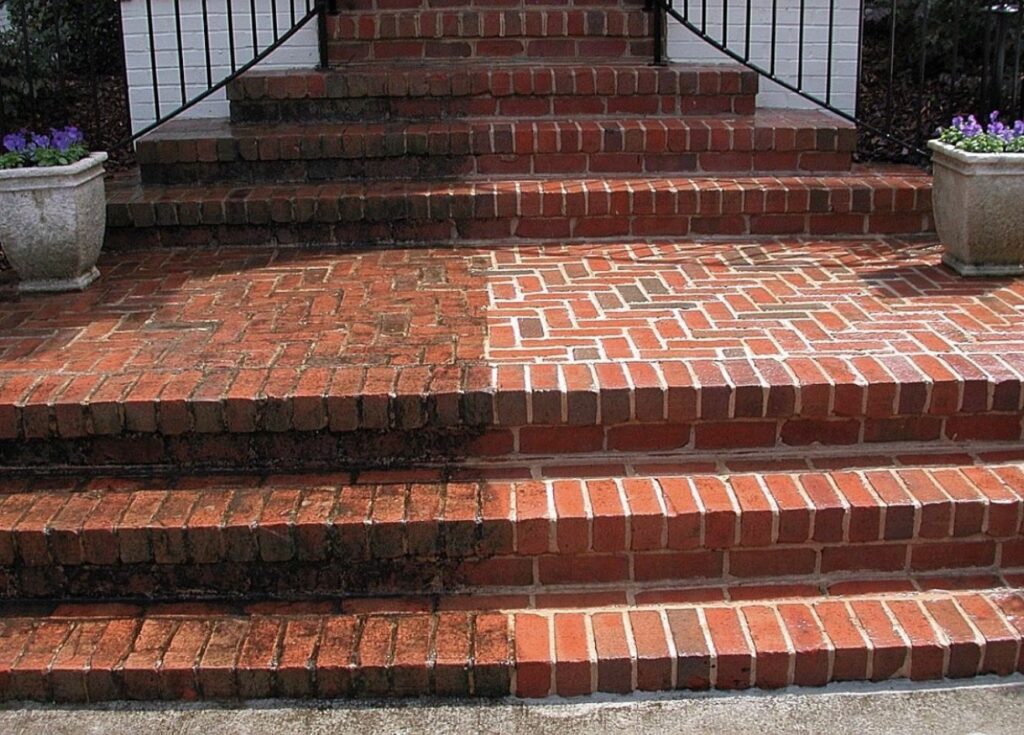 Brick steps half cleaned