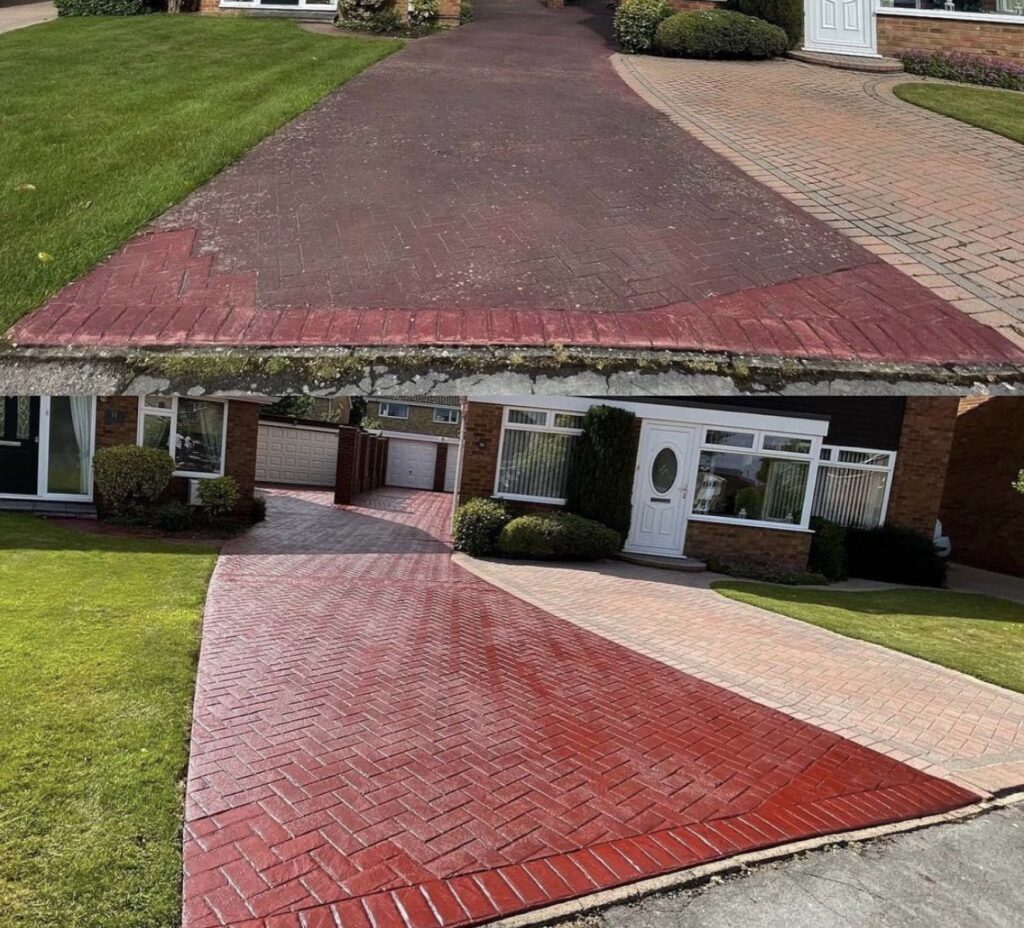 Red block paving driveway before and after cleaning