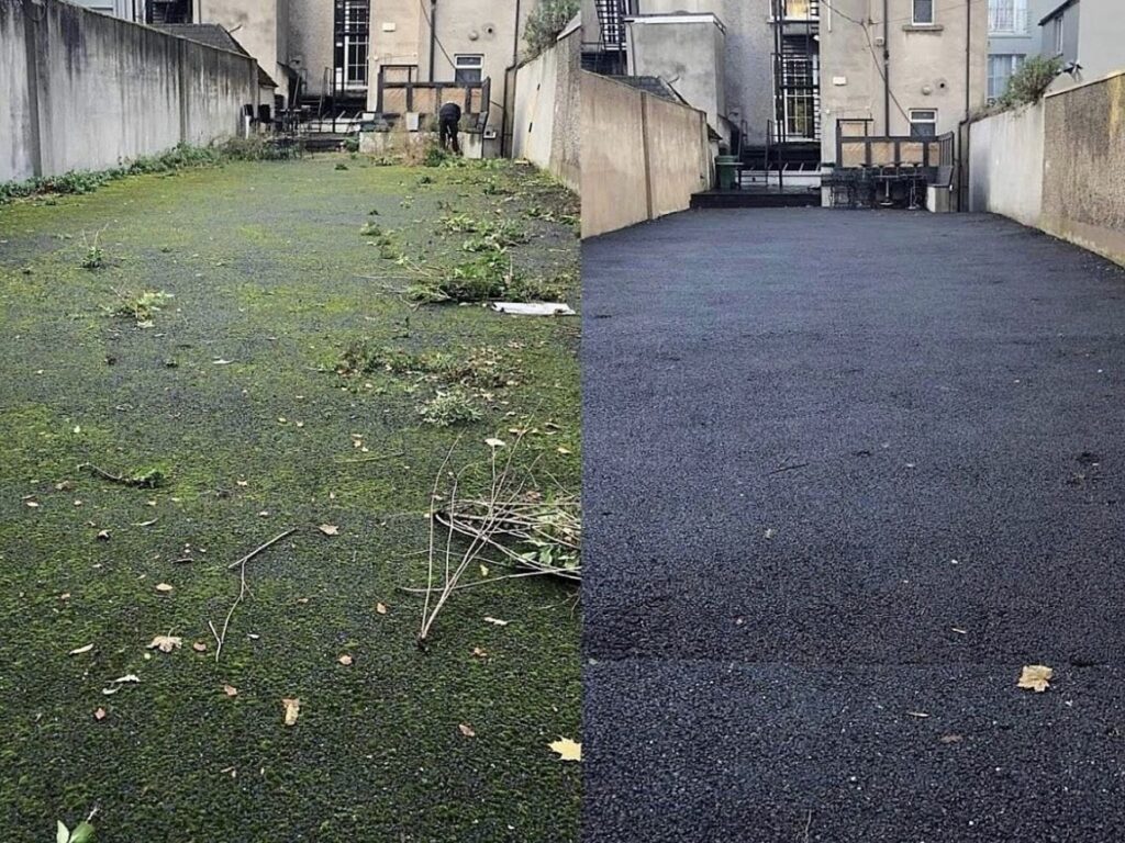 Tarmac driveway covered in moss before, clean black tarmac after